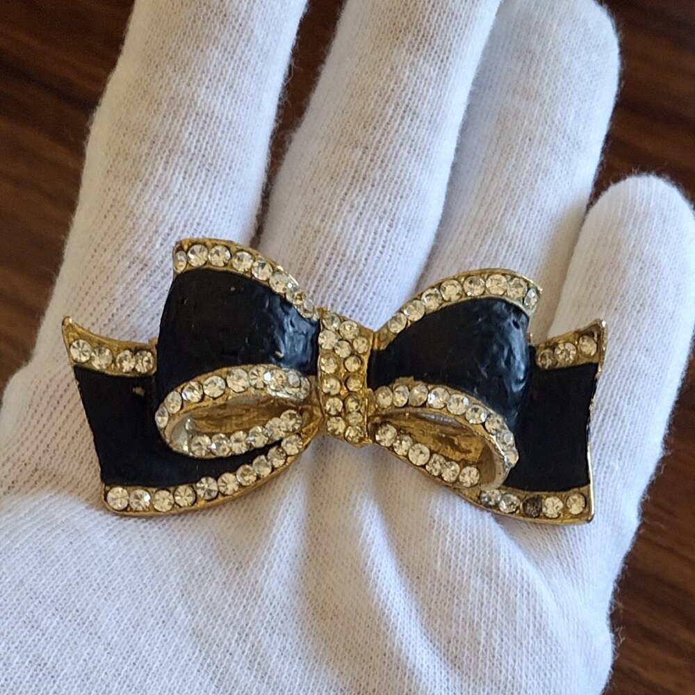 Vintage Black and Gold Metallic Bow with Rhinestones Pin Brooch